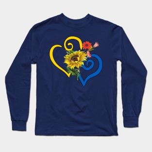 Red and Gold Sunflower Bouquet on Sapphire Blue and Yellow Curvy Heart Long Sleeve T-Shirt